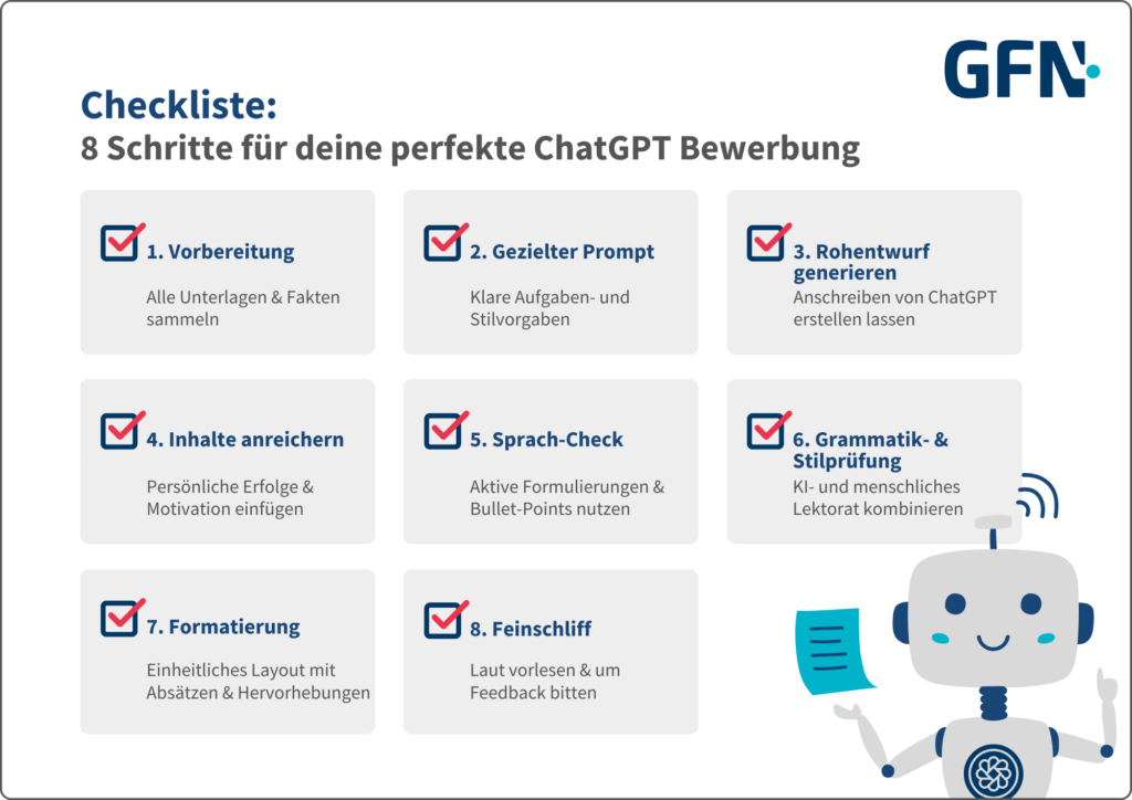 Zu sehen ist eine Checkliste mit den acht wichtigsten Schritten um eine perfekte ChatGPT-Bewerbung zu schreiben.