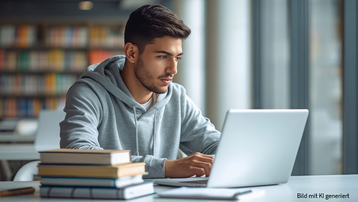 Mann Mitte 20 sitzt vor einem Laptop und arbeitet konzentriert an einem Online-Lernangebot.