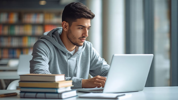 Mann Mitte 20 sitzt vor einem Laptop und arbeitet konzentriert an einem Online-Lernangebot.