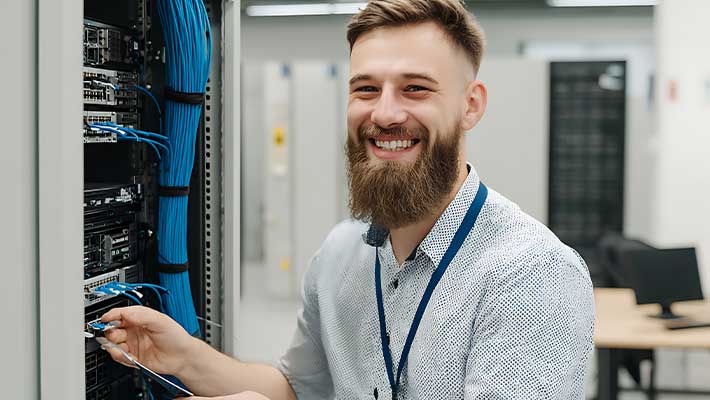 Lächelnder IT-Fachinformatiker für Systemintegration arbeitet an einem Serverschrank und verbindet Netzwerkkabel in einem modernen Rechenzentrums- oder Serverraum. Das Bild steht für gefragte IT-Berufe, Systemadministration und Karrierechancen in der IT-Branche.
