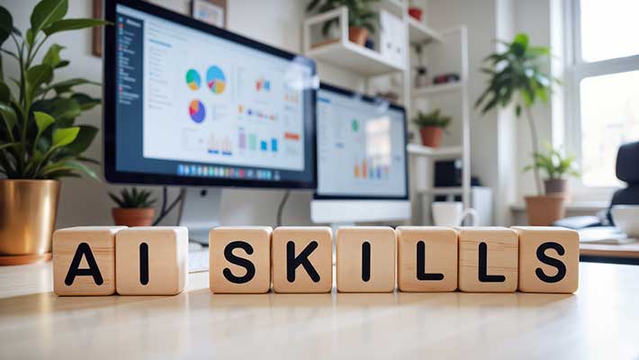 Auf dem Bild sind Holzwürfel auf einem Tisch zu sehen, sie bilden die Wörter AI SKILLS.